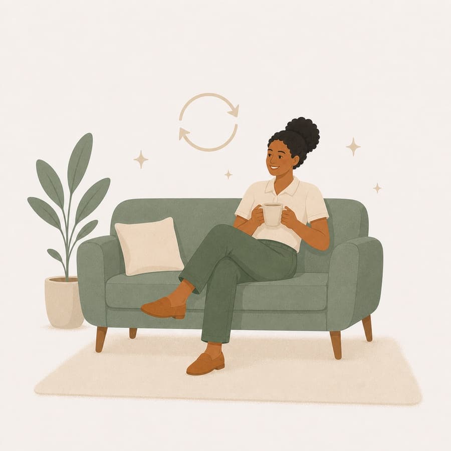 Illustration: a homeowner relaxing on a sofa with a mug