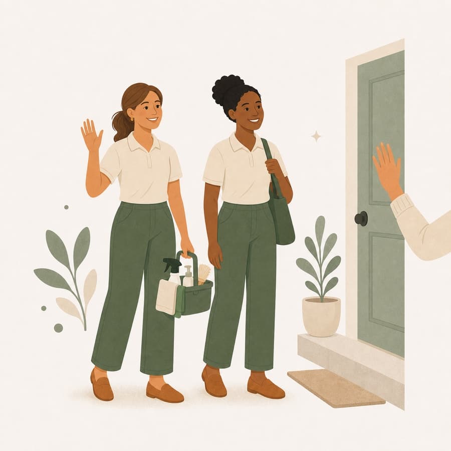 Illustration: two cleaners arriving at a front door and being welcomed in