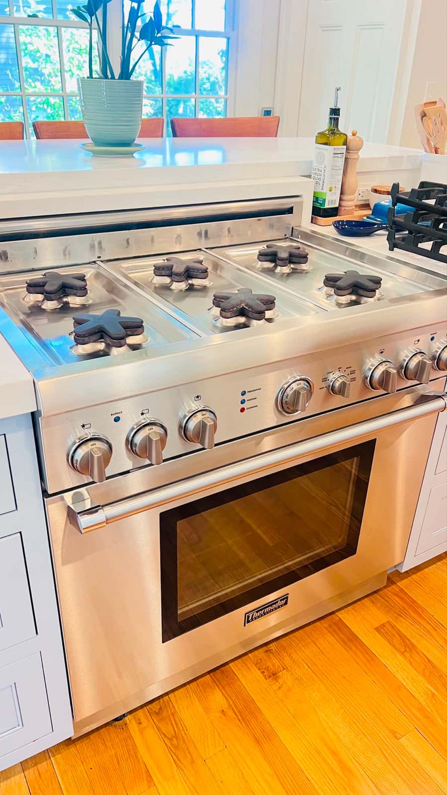 Professional stainless gas range detailed during a deep cleaning